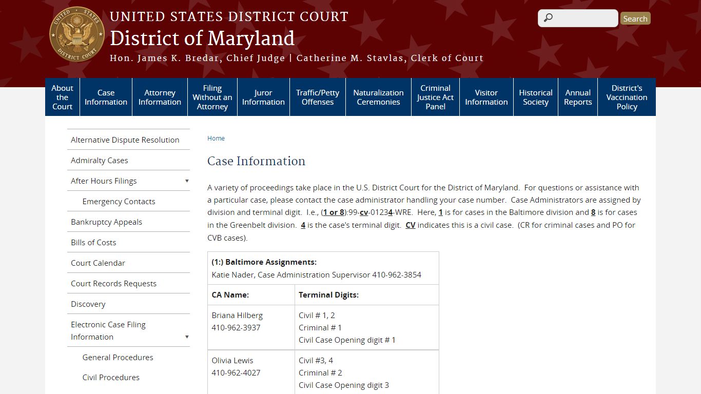 Case Information | District of Maryland | United States District Court